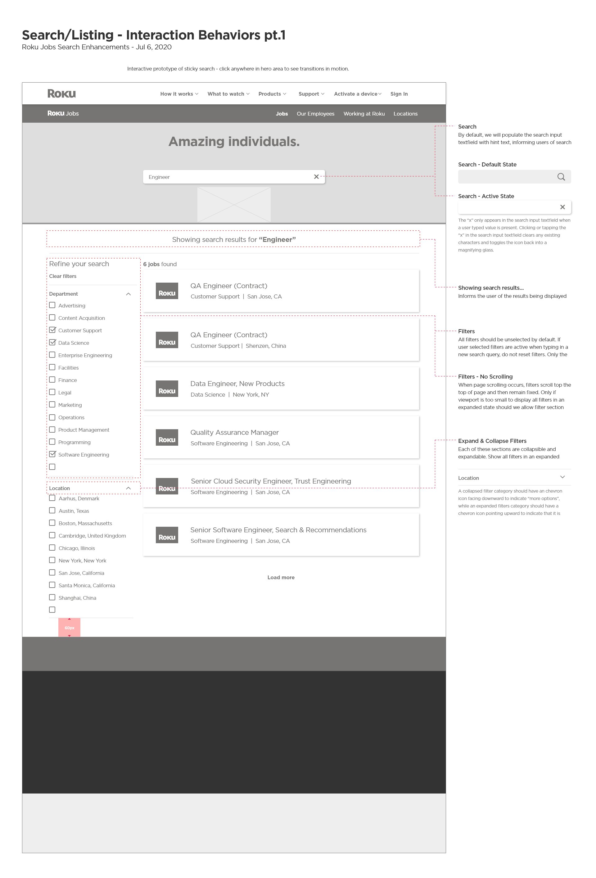 A desktop design pecification document describing interaction behaviors - for web development team