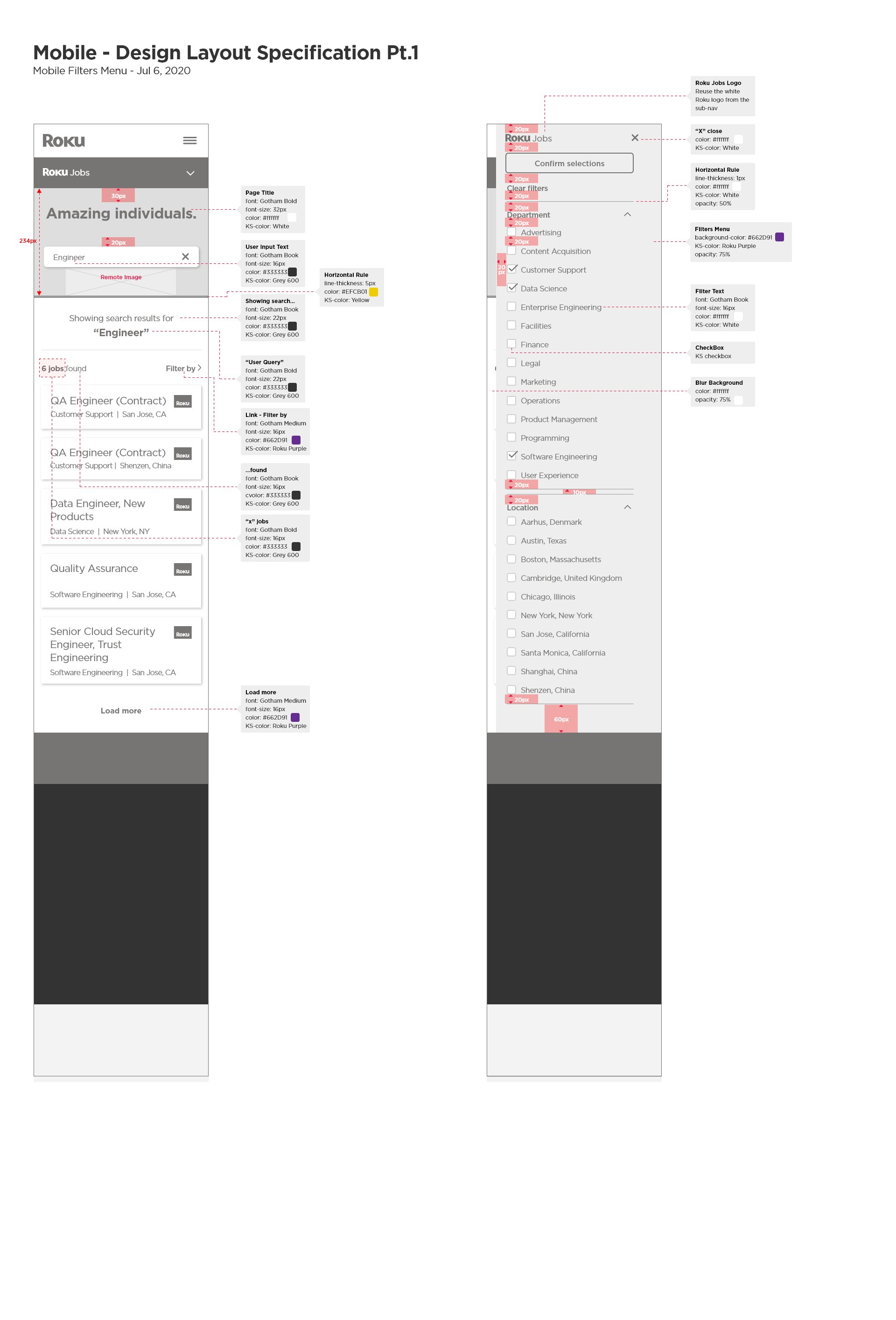 A mobile design specification document describing interaction behaviors - for web development team